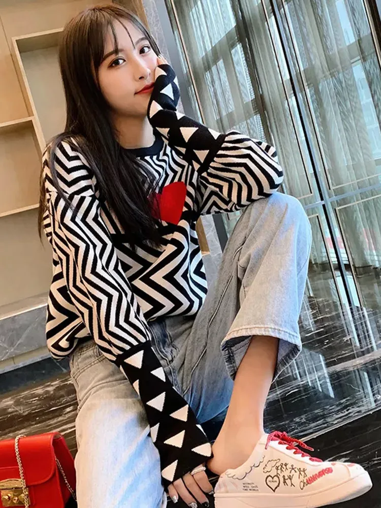 2023 Autumn Winter Women Sweaters Geometric Heart Pattern Long Sleeve Tops Lovely Pullovers Knitted