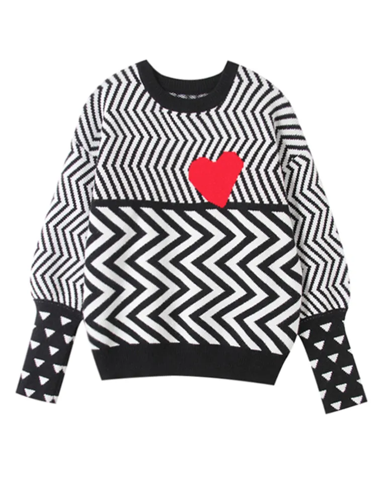 2023 Autumn Winter Women Sweaters Geometric Heart Pattern Long Sleeve Tops Lovely Pullovers Knitted