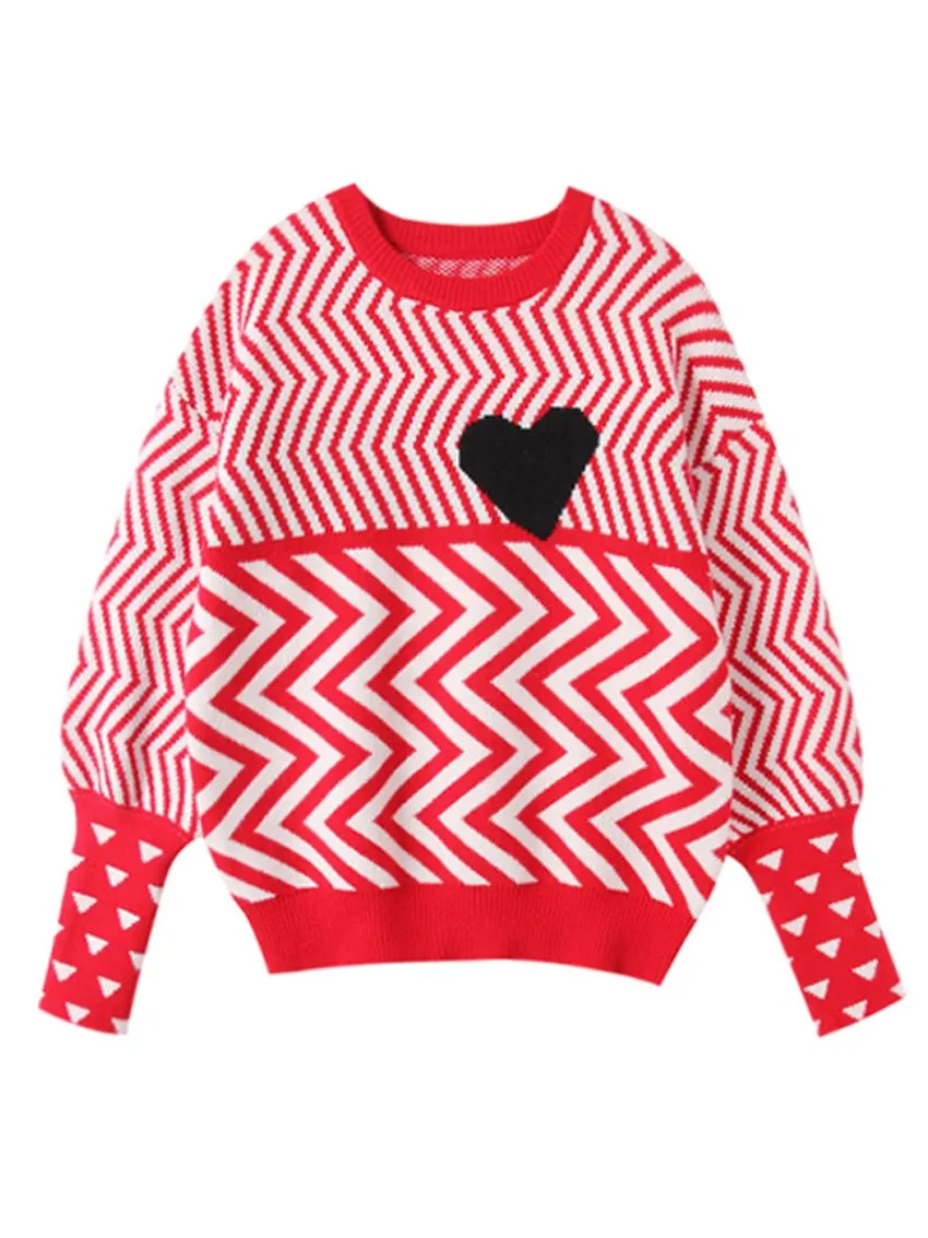 2023 Autumn Winter Women Sweaters Geometric Heart Pattern Long Sleeve Tops Lovely Pullovers Knitted