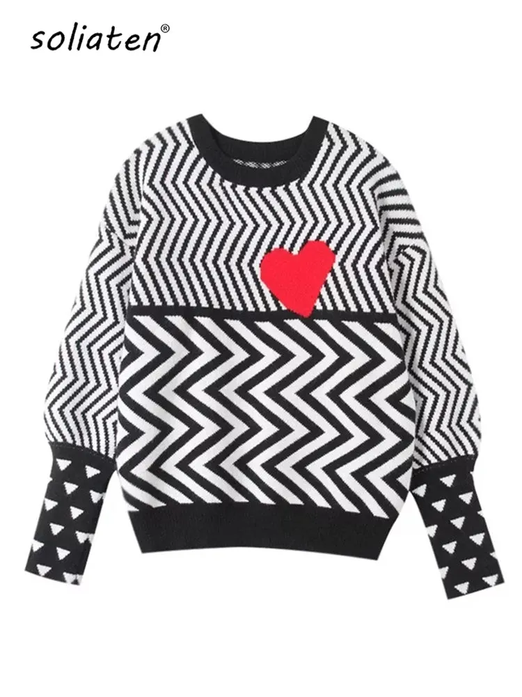 2023 Autumn Winter Women Sweaters Geometric Heart Pattern Long Sleeve Tops Lovely Pullovers Knitted