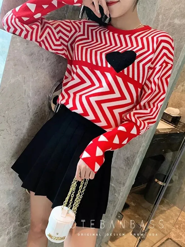 2023 Autumn Winter Women Sweaters Geometric Heart Pattern Long Sleeve Tops Lovely Pullovers Knitted