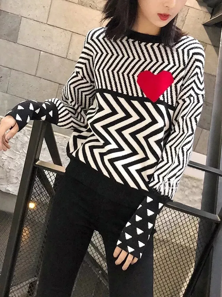 2023 Autumn Winter Women Sweaters Geometric Heart Pattern Long Sleeve Tops Lovely Pullovers Knitted