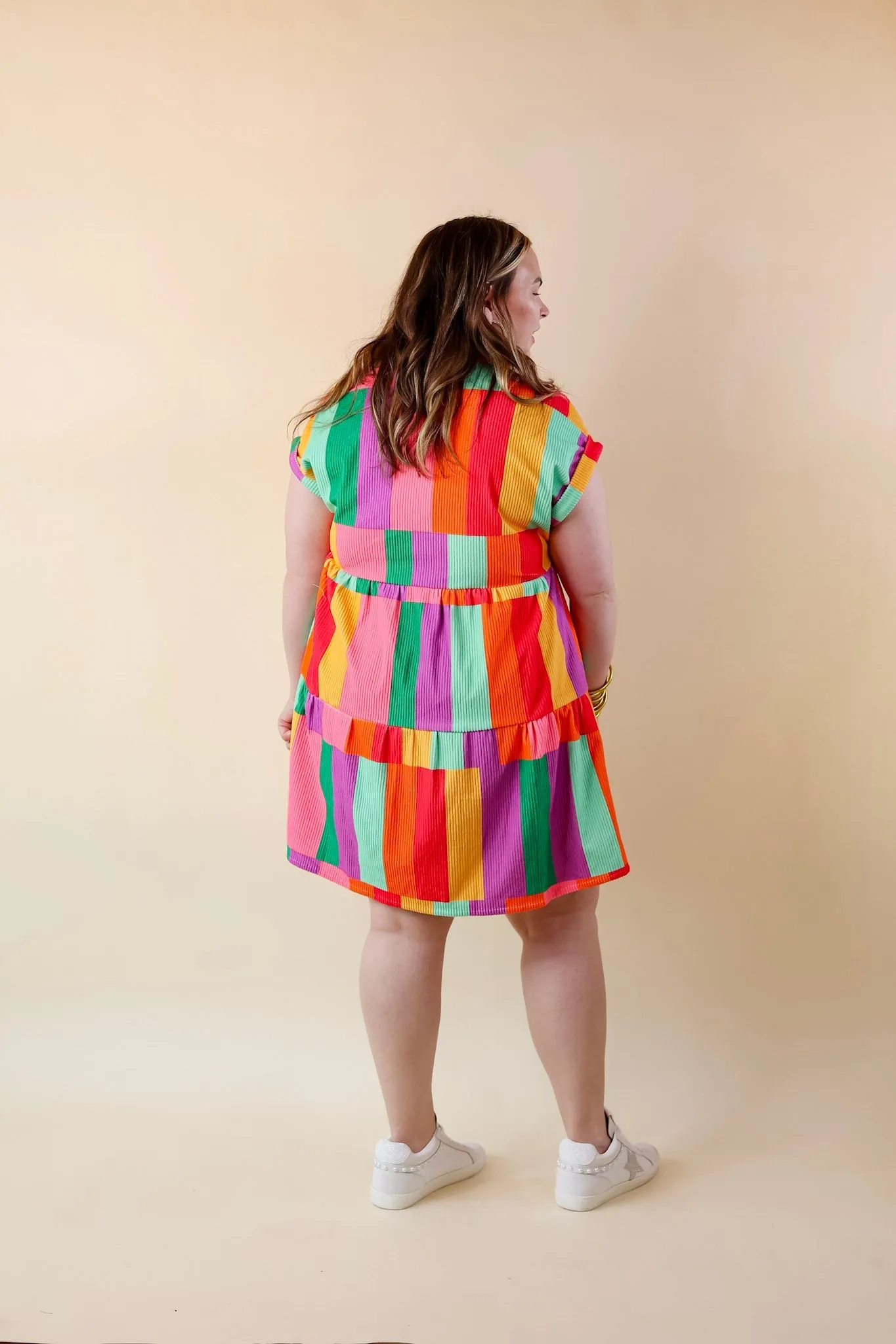 Appreciate You Color Block Corduroy Button Up Dress in Multi