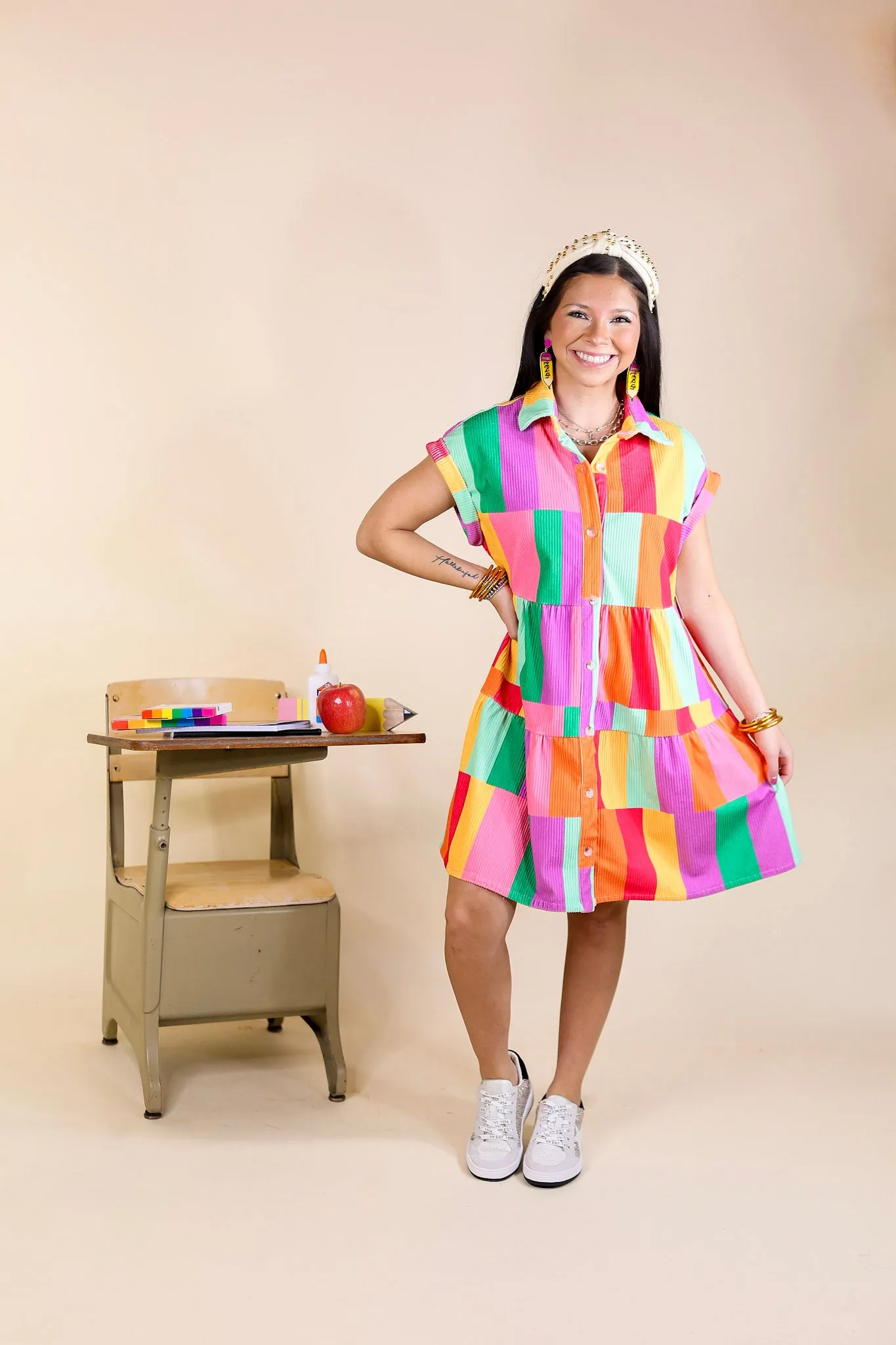 Appreciate You Color Block Corduroy Button Up Dress in Multi