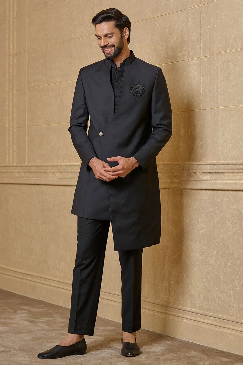 Black Asymmetric Indo With Embroidered Crest