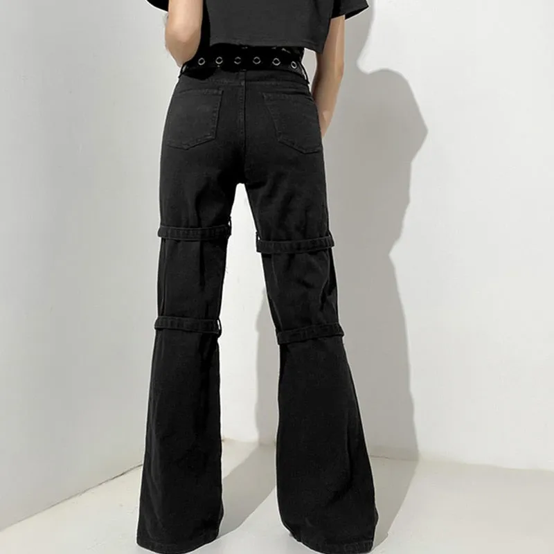 Black High Waist Metal Button Print Jeans