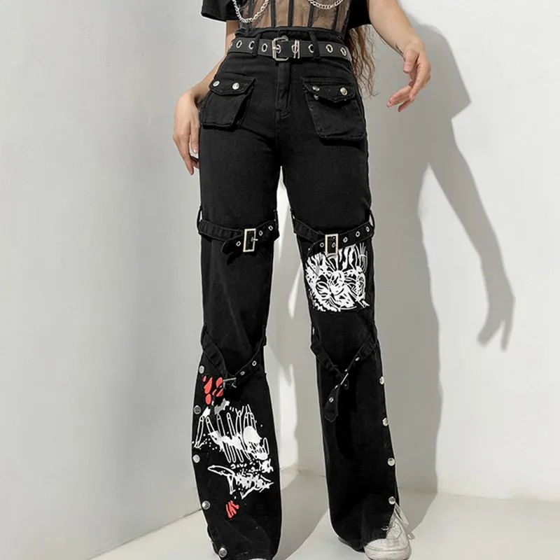 Black High Waist Metal Button Print Jeans