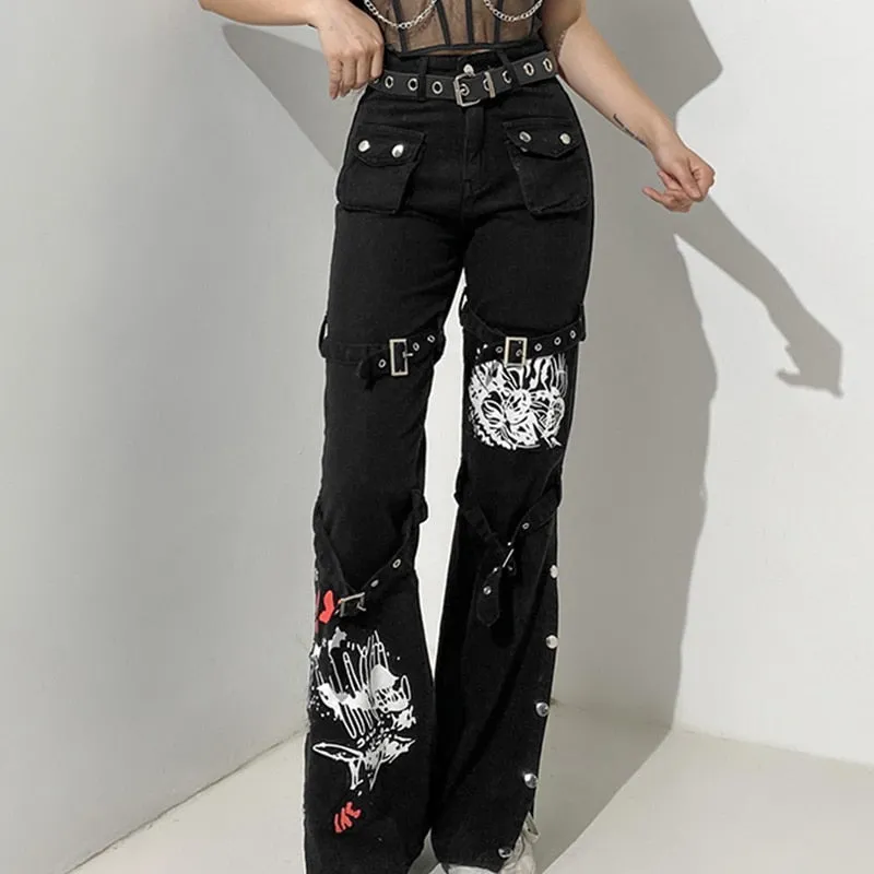 Black High Waist Metal Button Print Jeans