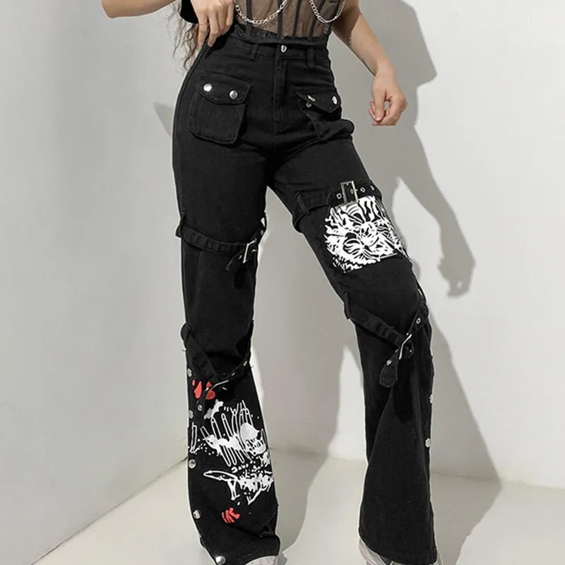 Black High Waist Metal Button Print Jeans