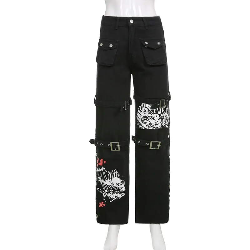 Black High Waist Metal Button Print Jeans