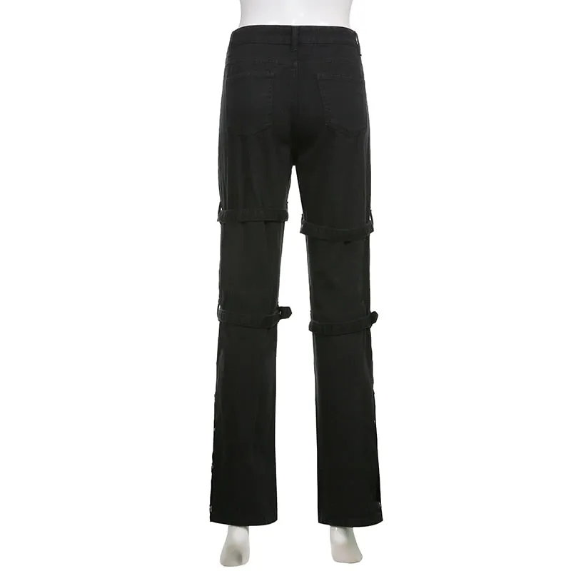 Black High Waist Metal Button Print Jeans