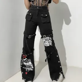 Black High Waist Metal Button Print Jeans