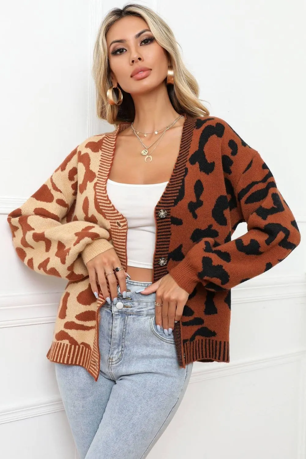 Blake Leopard Button Front Ribbed Trim Cardigan, Multiple Colors