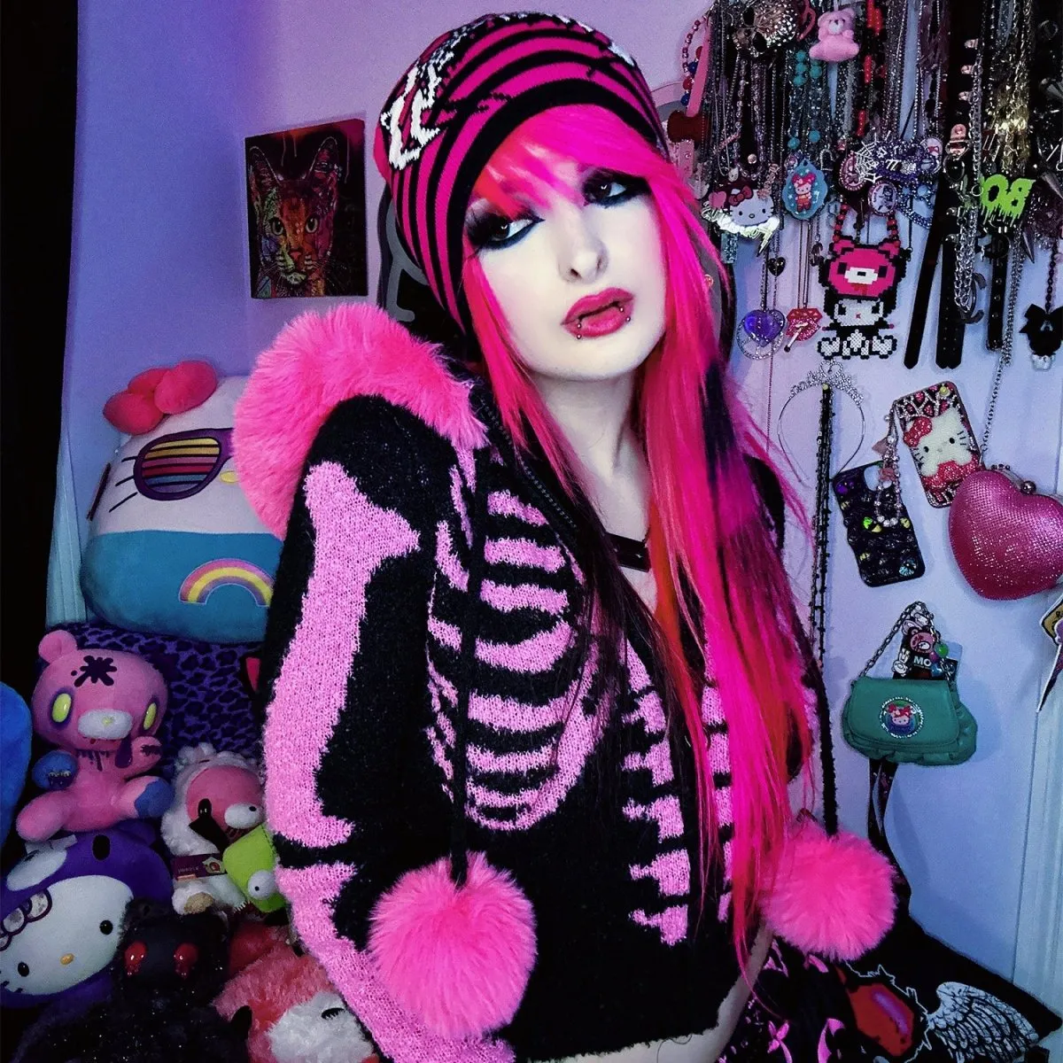 Bony Rib Cage Skelly Pink Fur Cardigan