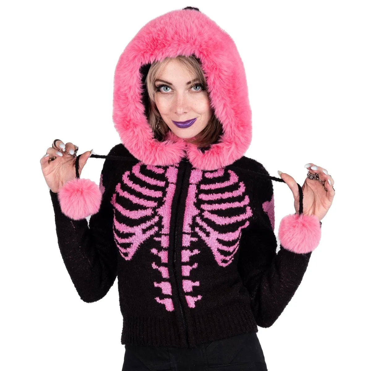 Bony Rib Cage Skelly Pink Fur Cardigan