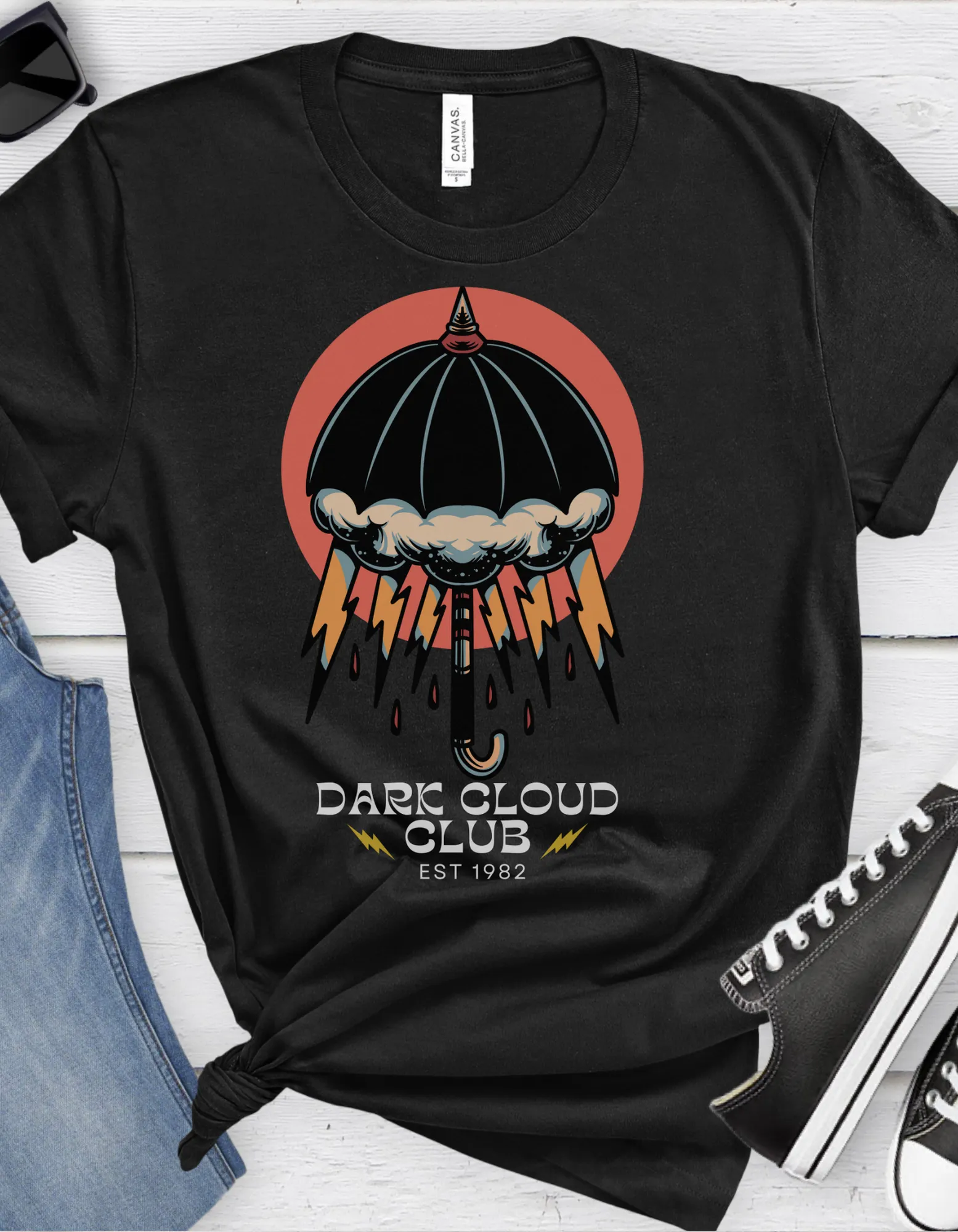 Dark Cloud Club Umbrella Lightning Tattoo T-shirt / Dark Cloud Lightning Eye Unisex Traditional Tattoo Tee Shirt / Punk Rock Clothing Tshirt