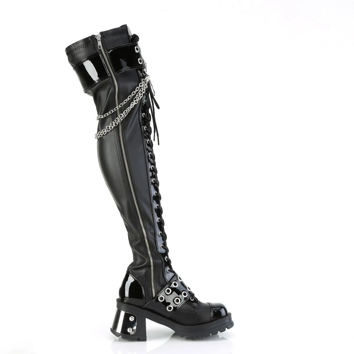 Demonia BRATTY-304 | Black Stretch V. Leather Above Knee Boots