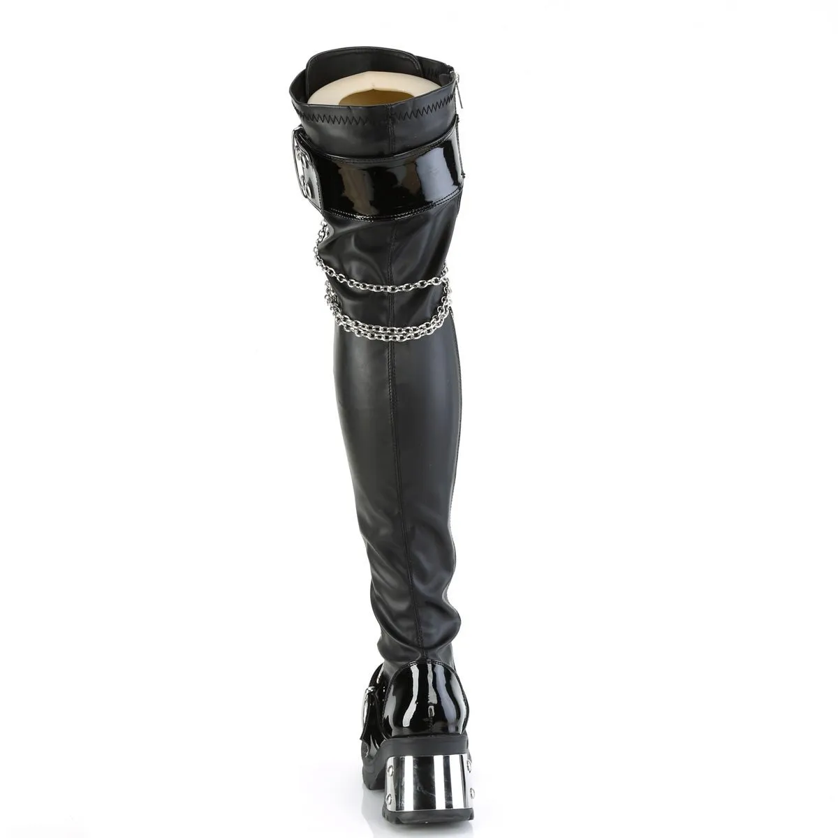 Demonia BRATTY-304 | Black Stretch V. Leather Above Knee Boots