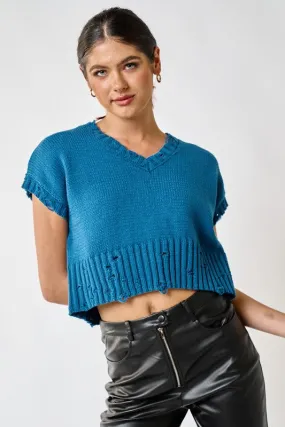 Distressed V-Neck Sweater Crop Top