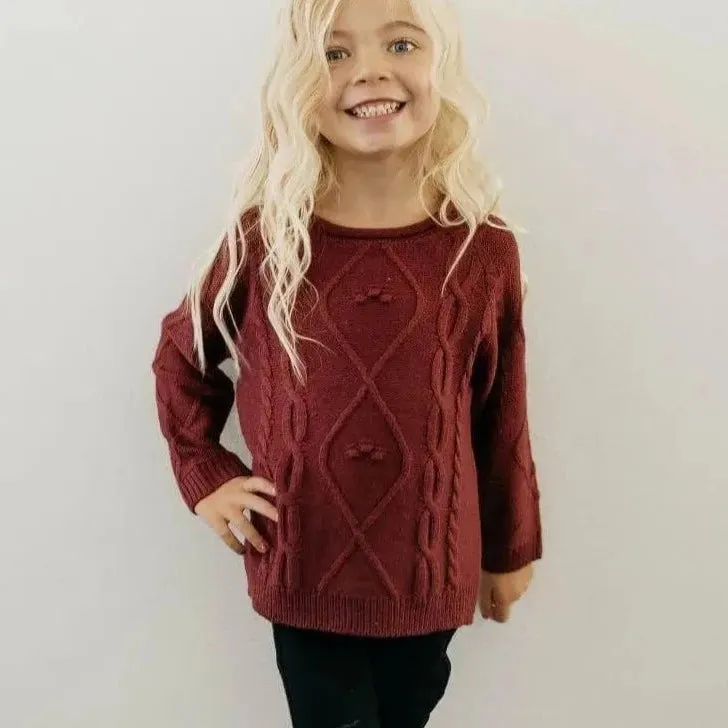 Girls Elizabeth Maroon Cable Knit Long Sleeve Sweater