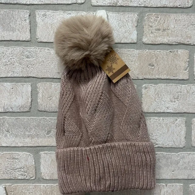 Hat - Zig Zag Stitch Pom Pom - Taupe