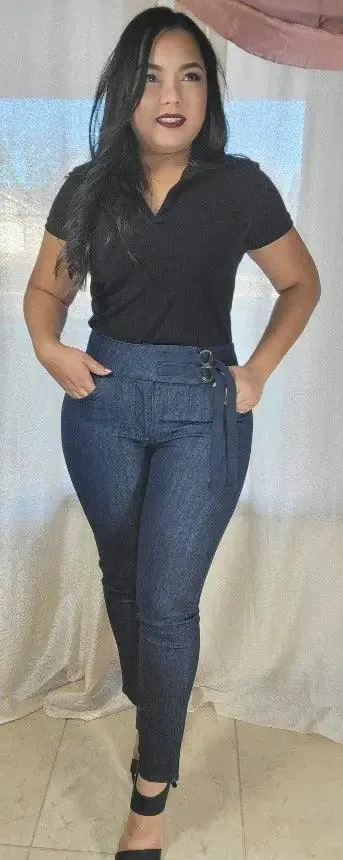 High Waist Blue Jeans Belted