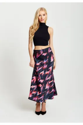 Liquorish Abstract Feather Print Midi Skirt In Black Pink