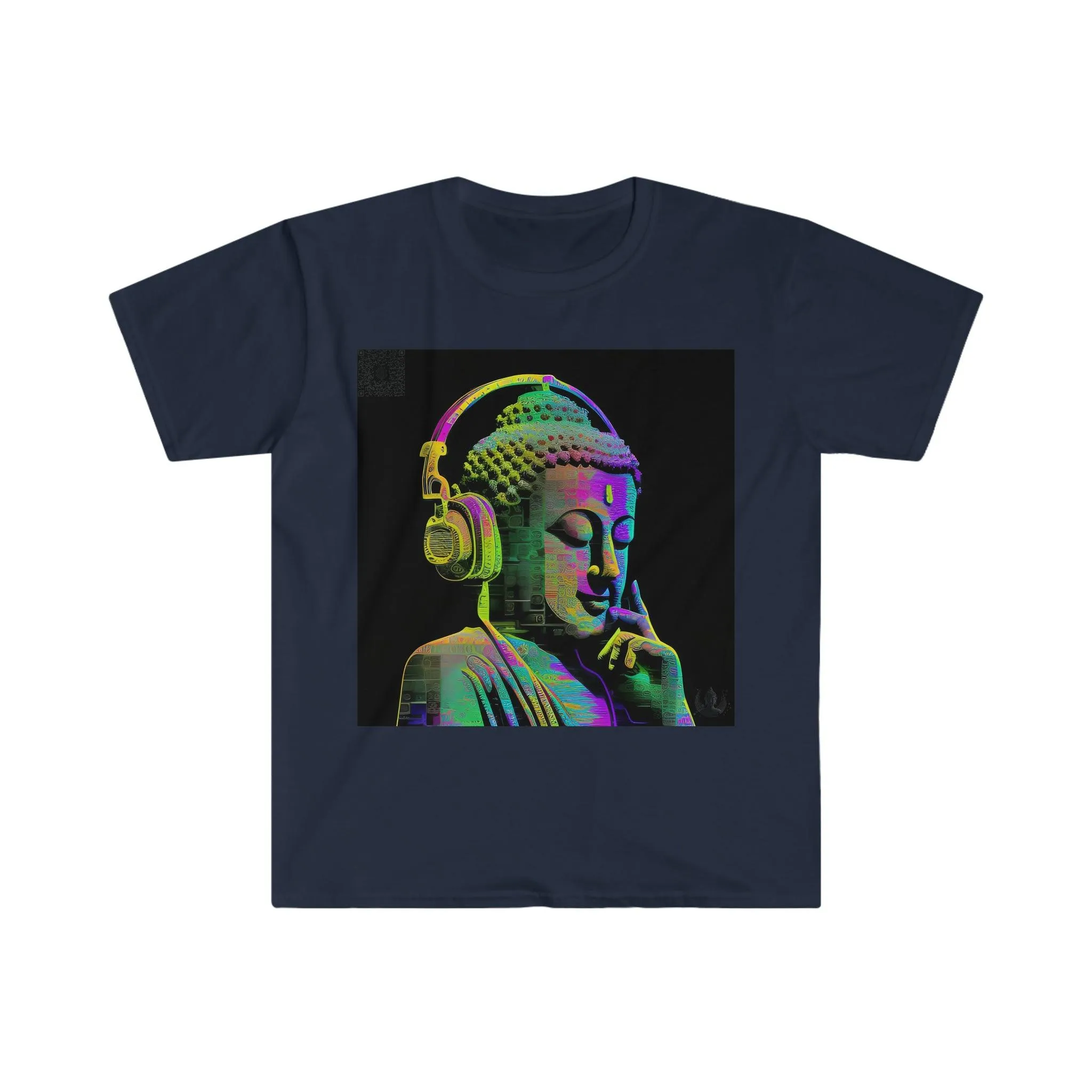 Meta Zen Future Retro V3 Statue Of A Buddha With Headphphones Subtle Smile - Ansi / Ascii / Ai Art T-shirt - Unisex Soft style - Alchemystics.Org