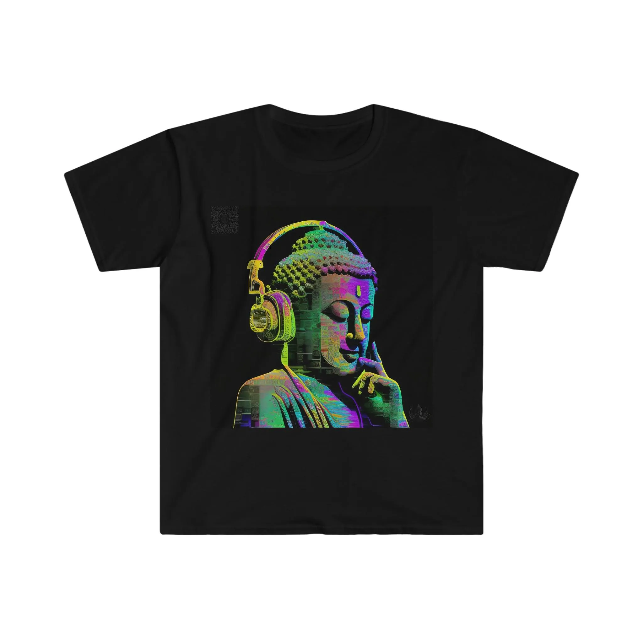 Meta Zen Future Retro V3 Statue Of A Buddha With Headphphones Subtle Smile - Ansi / Ascii / Ai Art T-shirt - Unisex Soft style - Alchemystics.Org