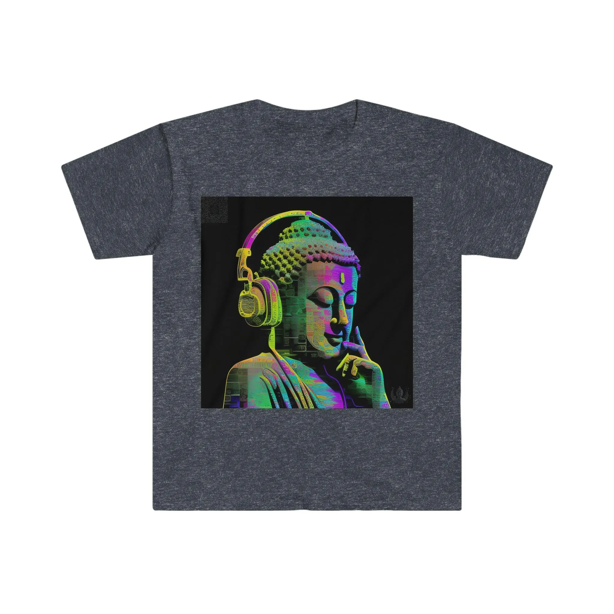 Meta Zen Future Retro V3 Statue Of A Buddha With Headphphones Subtle Smile - Ansi / Ascii / Ai Art T-shirt - Unisex Soft style - Alchemystics.Org