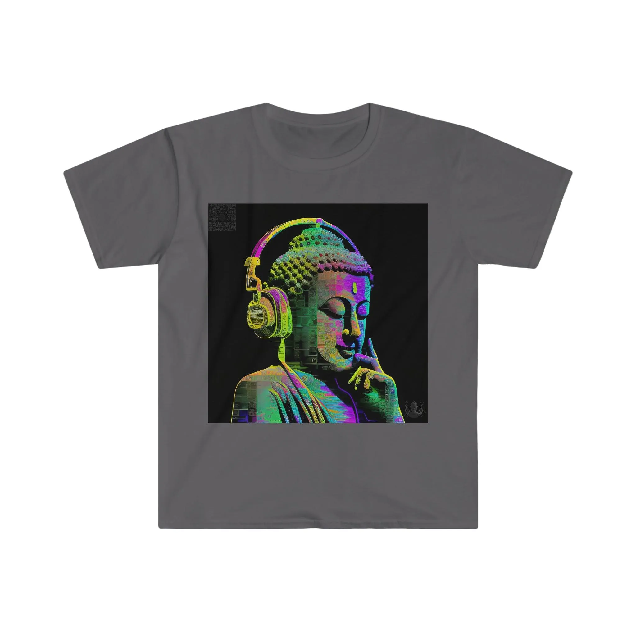 Meta Zen Future Retro V3 Statue Of A Buddha With Headphphones Subtle Smile - Ansi / Ascii / Ai Art T-shirt - Unisex Soft style - Alchemystics.Org