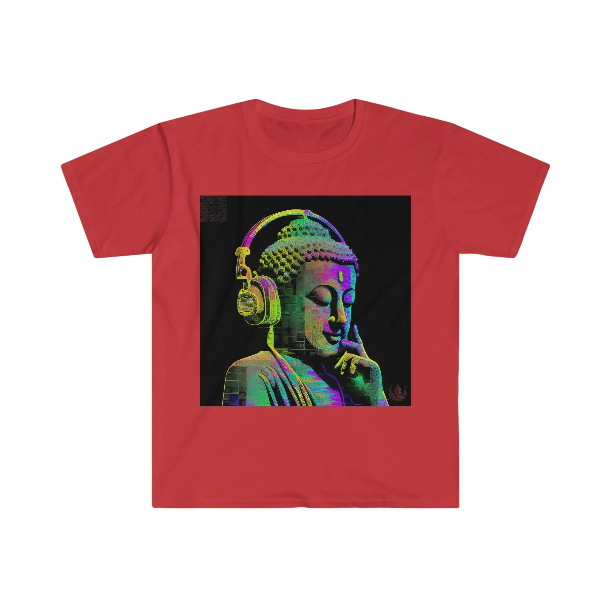 Meta Zen Future Retro V3 Statue Of A Buddha With Headphphones Subtle Smile - Ansi / Ascii / Ai Art T-shirt - Unisex Soft style - Alchemystics.Org