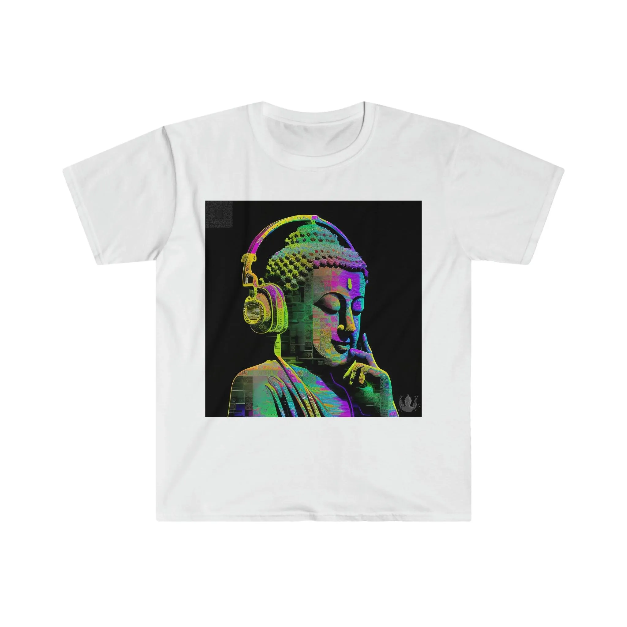 Meta Zen Future Retro V3 Statue Of A Buddha With Headphphones Subtle Smile - Ansi / Ascii / Ai Art T-shirt - Unisex Soft style - Alchemystics.Org