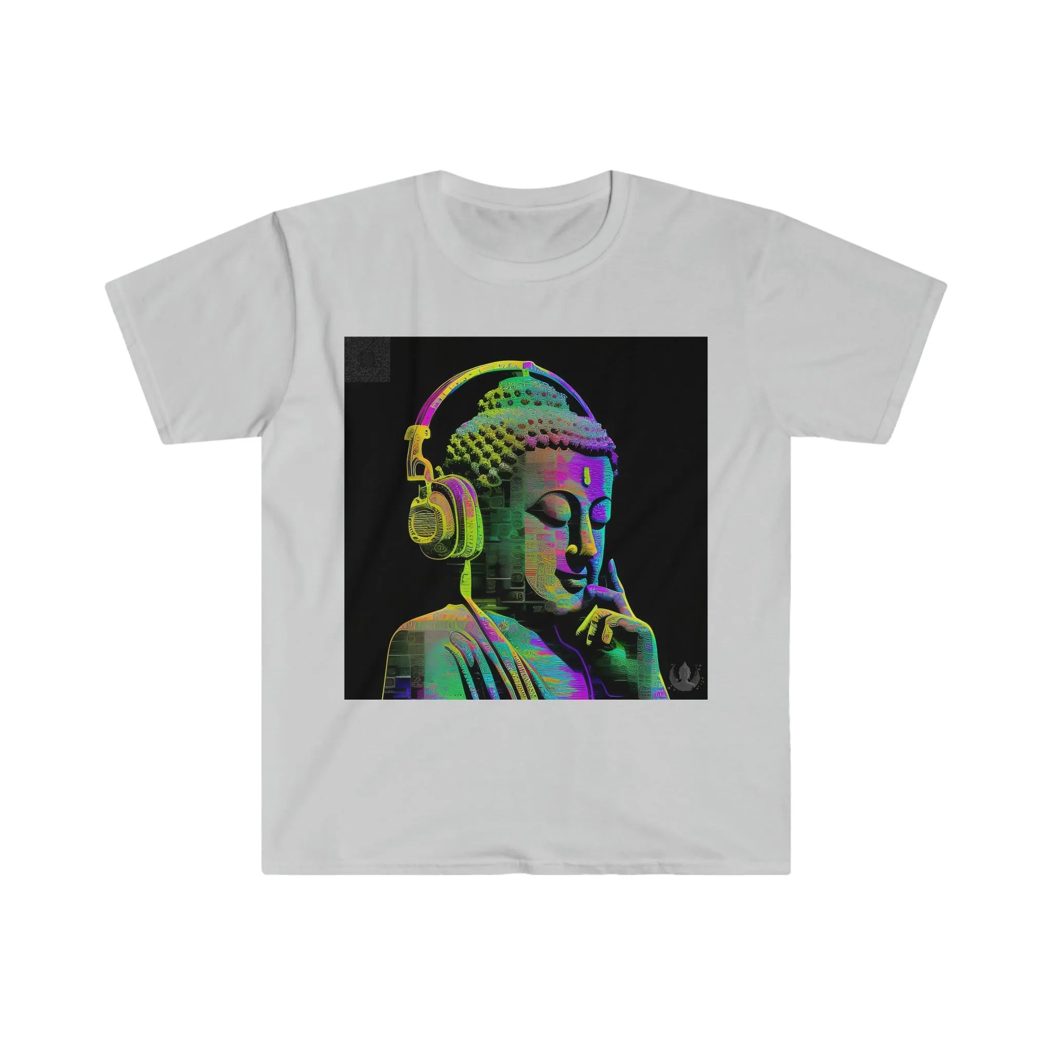 Meta Zen Future Retro V3 Statue Of A Buddha With Headphphones Subtle Smile - Ansi / Ascii / Ai Art T-shirt - Unisex Soft style - Alchemystics.Org