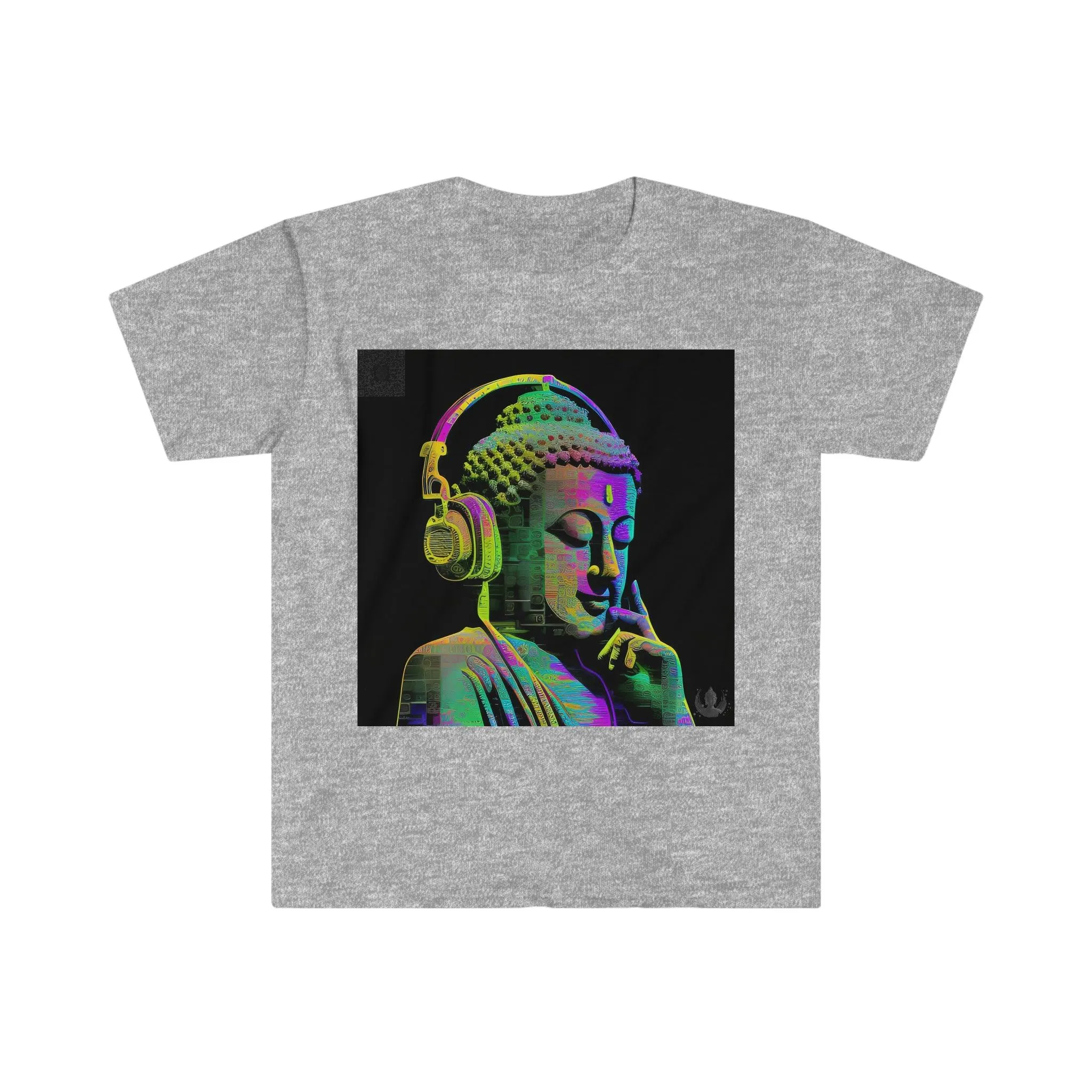 Meta Zen Future Retro V3 Statue Of A Buddha With Headphphones Subtle Smile - Ansi / Ascii / Ai Art T-shirt - Unisex Soft style - Alchemystics.Org