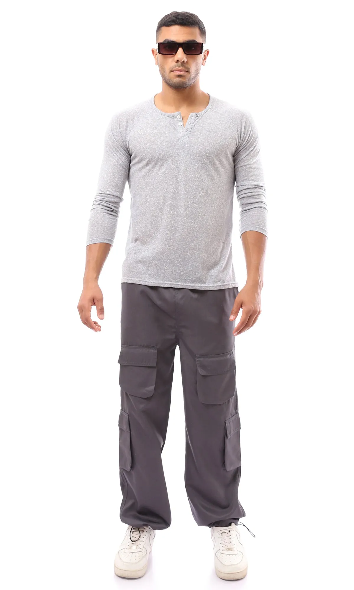 O171798 Buttoned Round Neck Heather Grey Henley Shirt