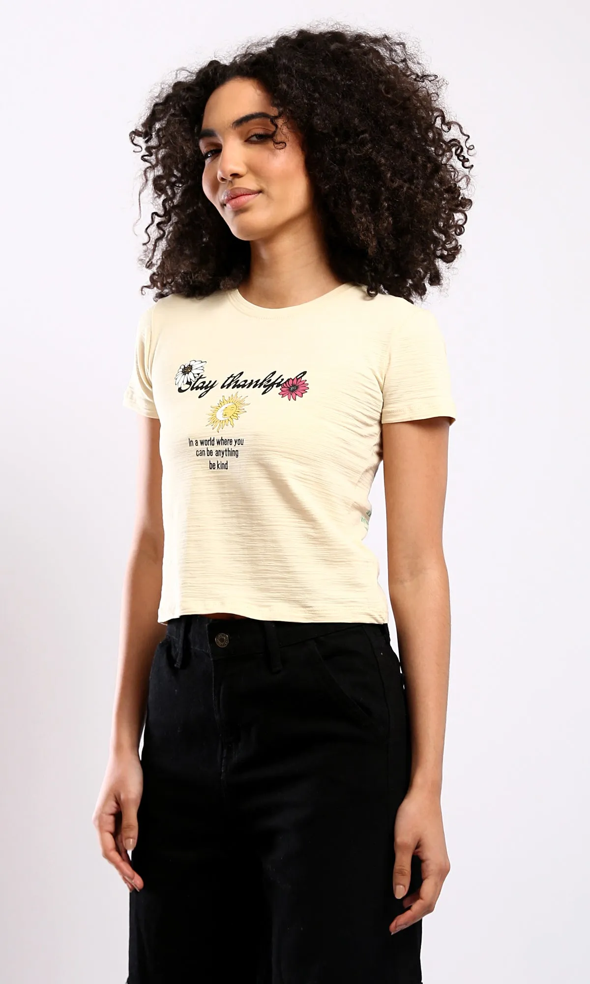 O178803 Textured Beige Regular Tee With Front & Back Print