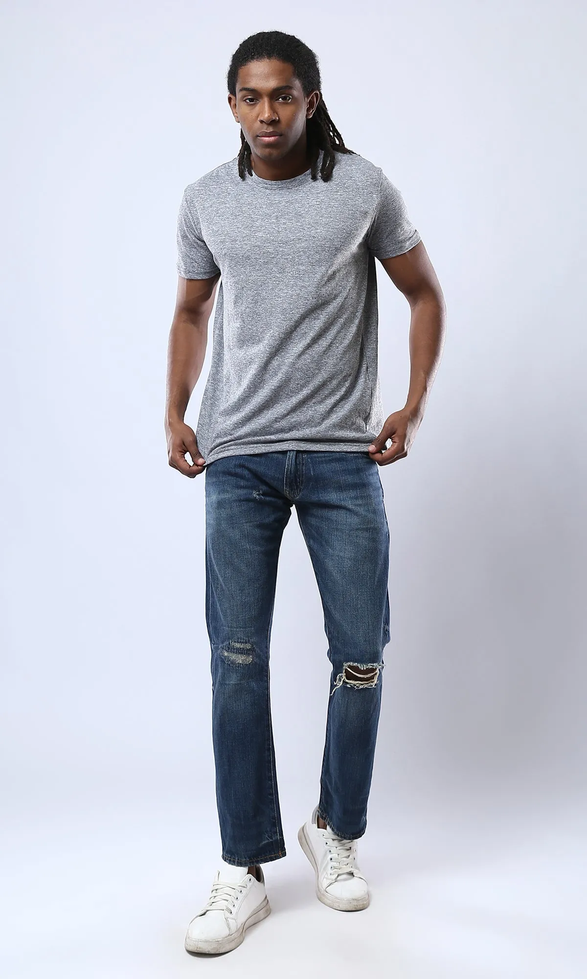 O178874 Crew Neck Heather Dark Grey Cotton Tee