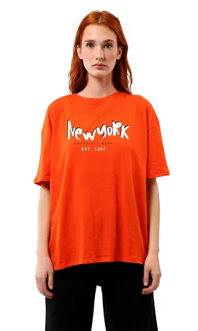 O180440 Hot Orange Printed "New York" Slip On Tee