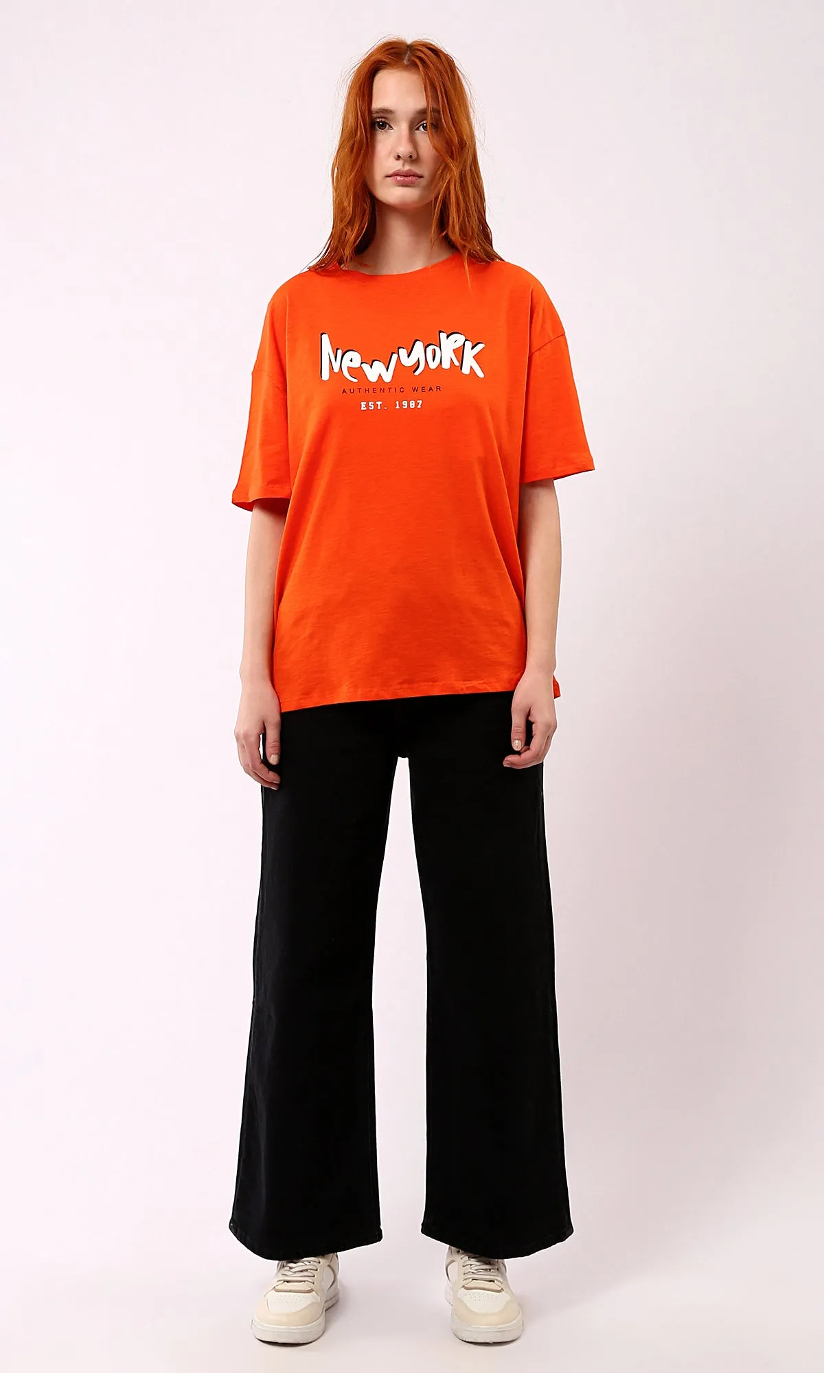 O180440 Hot Orange Printed "New York" Slip On Tee