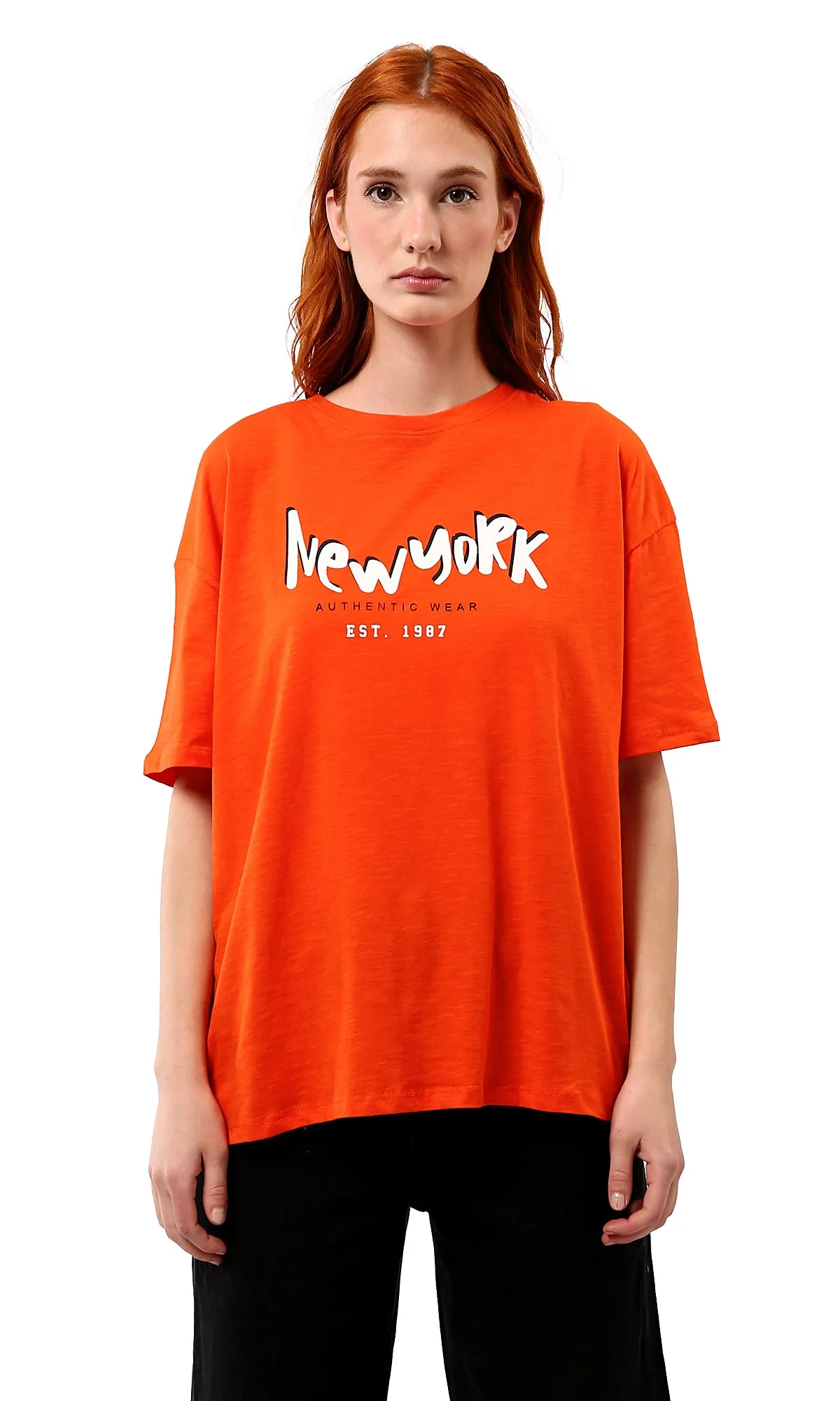 O180440 Hot Orange Printed "New York" Slip On Tee