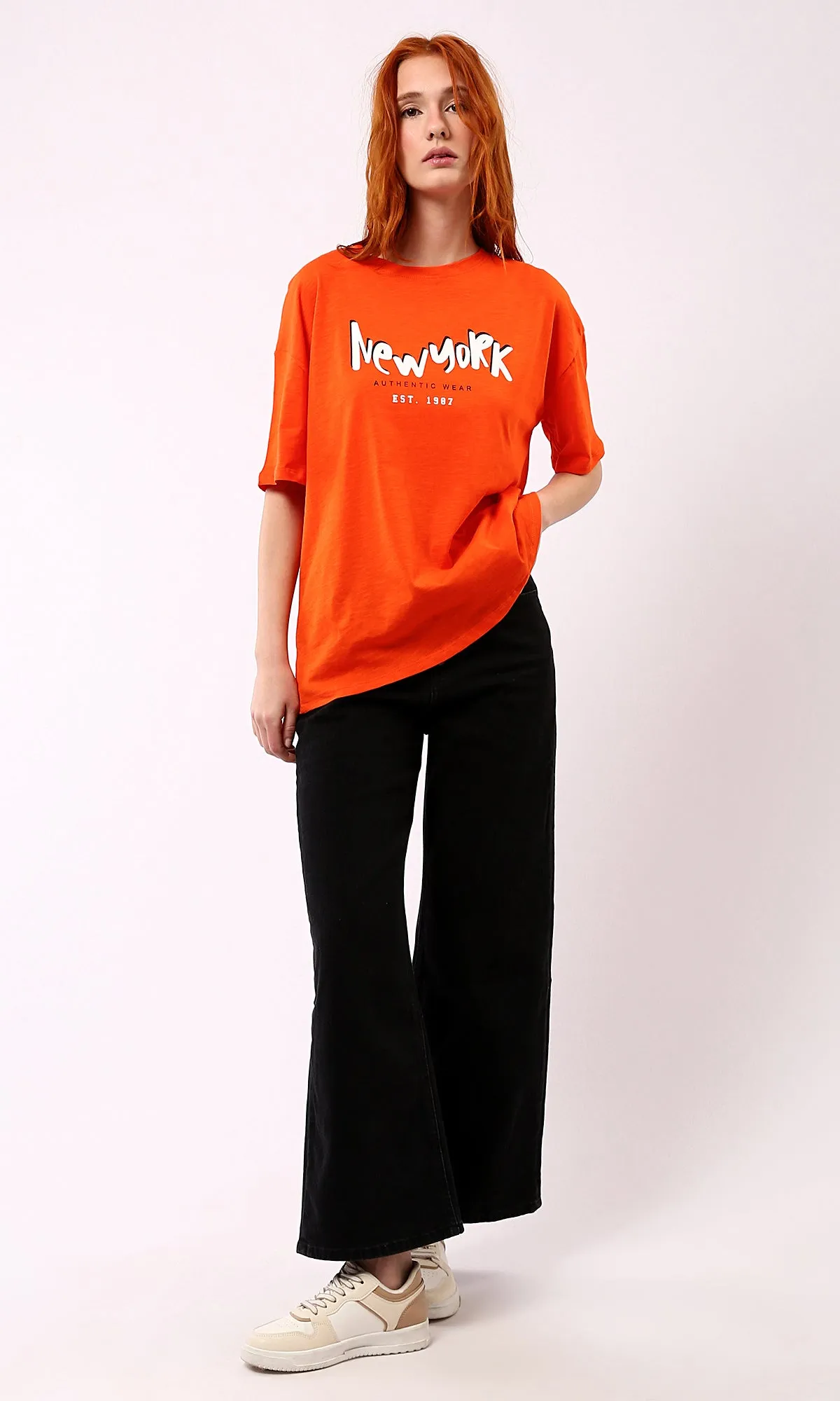 O180440 Hot Orange Printed "New York" Slip On Tee