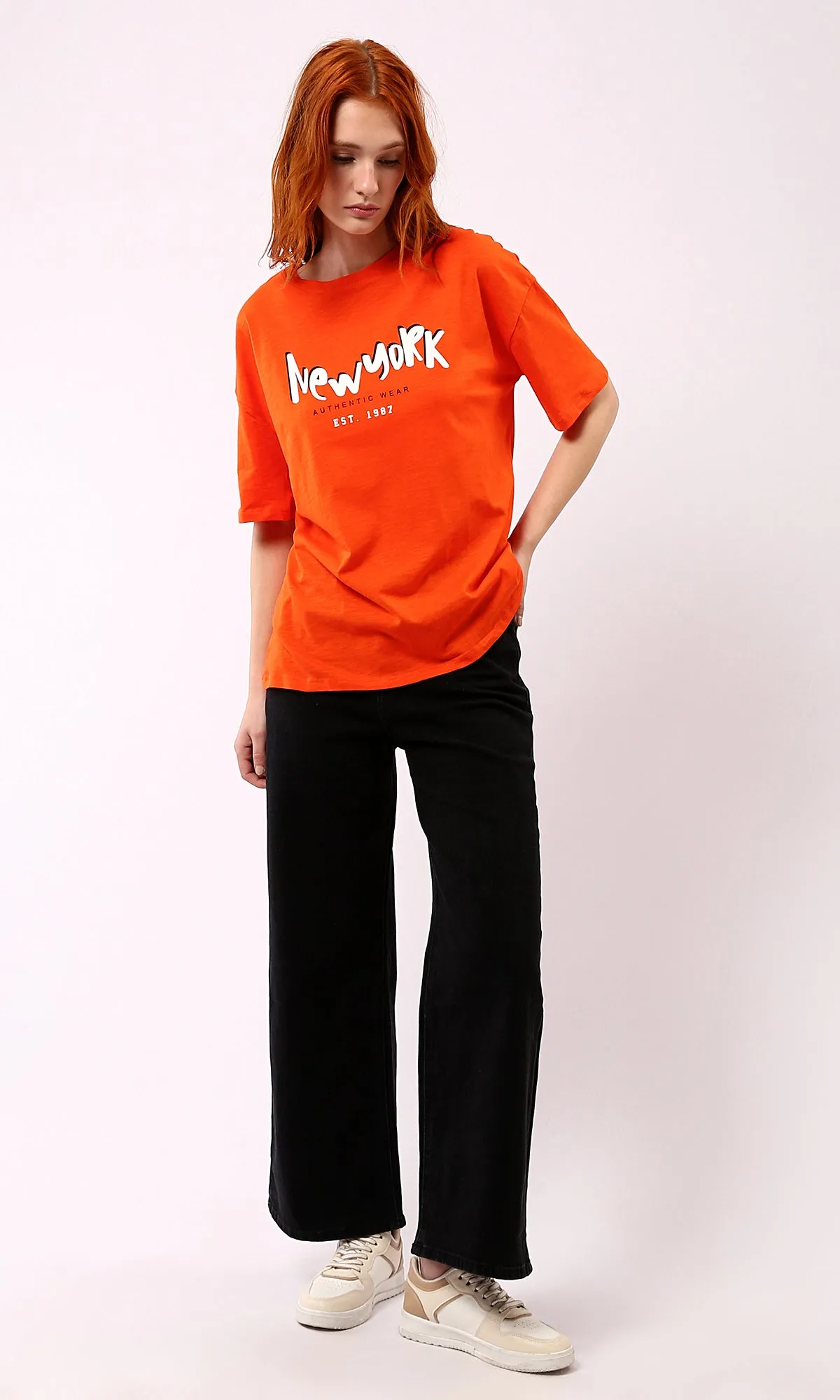 O180440 Hot Orange Printed "New York" Slip On Tee