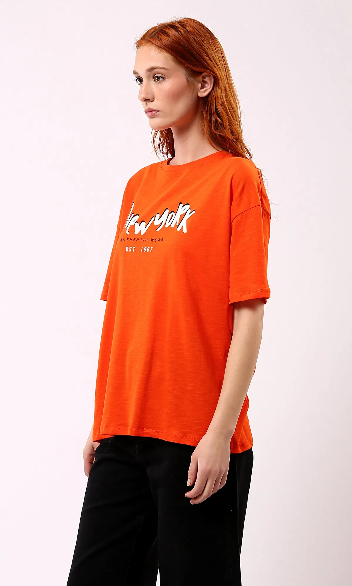 O180440 Hot Orange Printed "New York" Slip On Tee