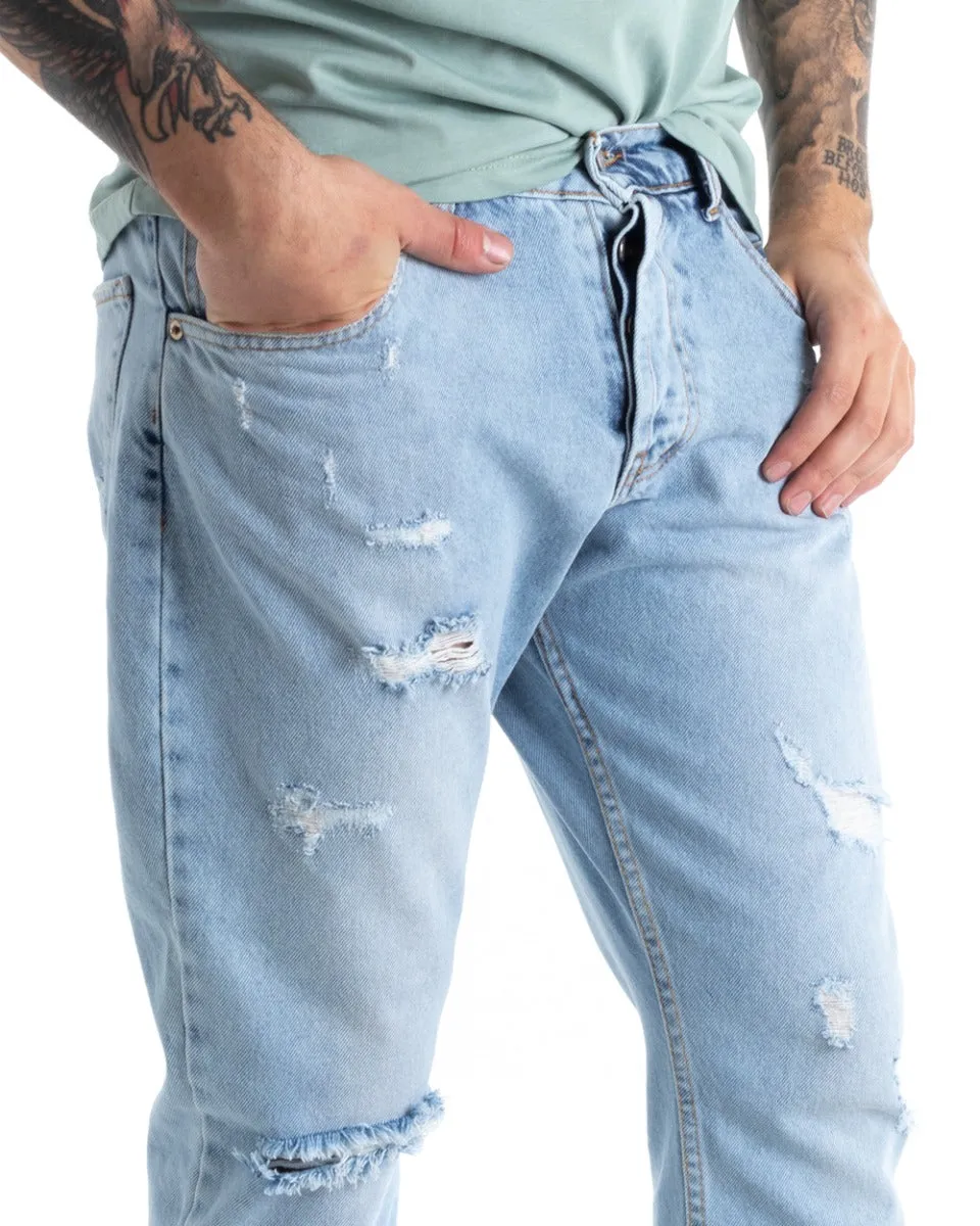 Pantaloni Jeans Uomo Loose Fit Denim Chiaro Con Rotture Cinque Tasche GIOSAL-P5306A