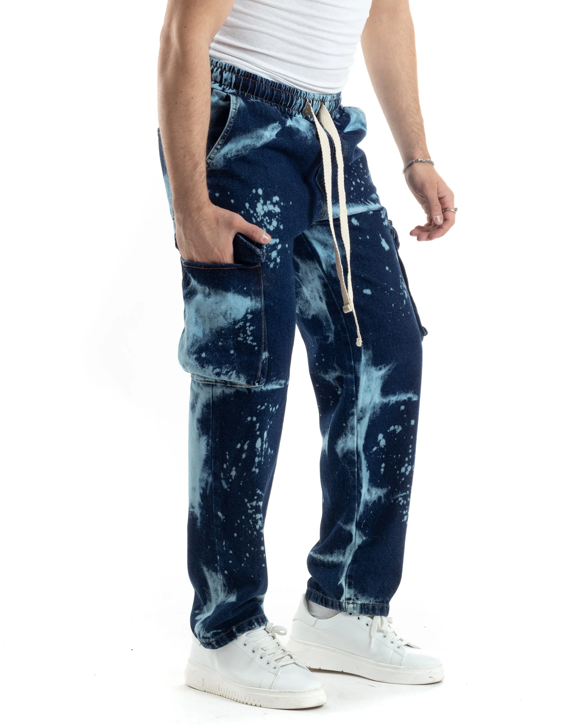 Pantaloni Uomo Cargo Tasconi Jeans Baggy Pantalaccio Denim Scuro Tie-Dye Casual GIOSAL-JS1023A