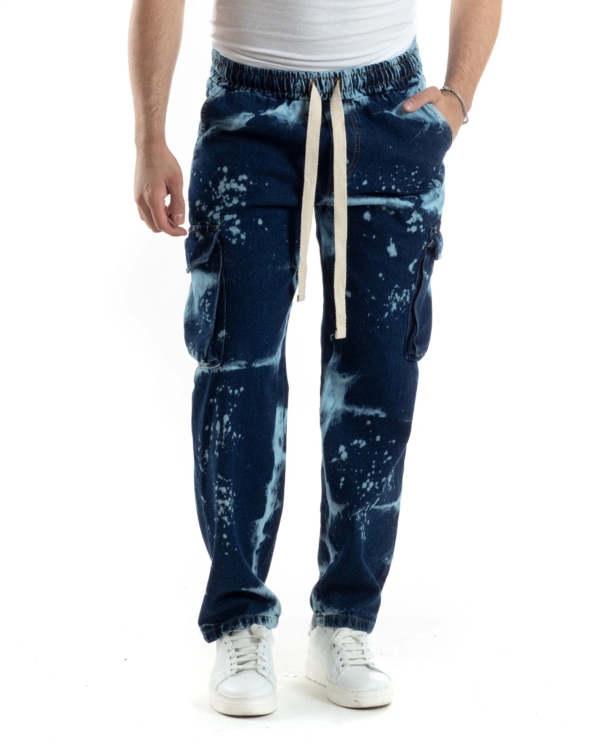 Pantaloni Uomo Cargo Tasconi Jeans Baggy Pantalaccio Denim Scuro Tie-Dye Casual GIOSAL-JS1023A