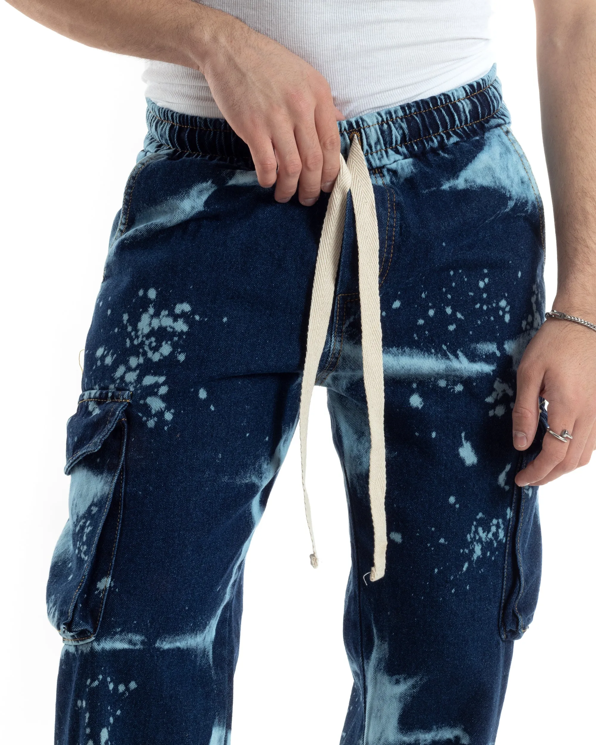 Pantaloni Uomo Cargo Tasconi Jeans Baggy Pantalaccio Denim Scuro Tie-Dye Casual GIOSAL-JS1023A