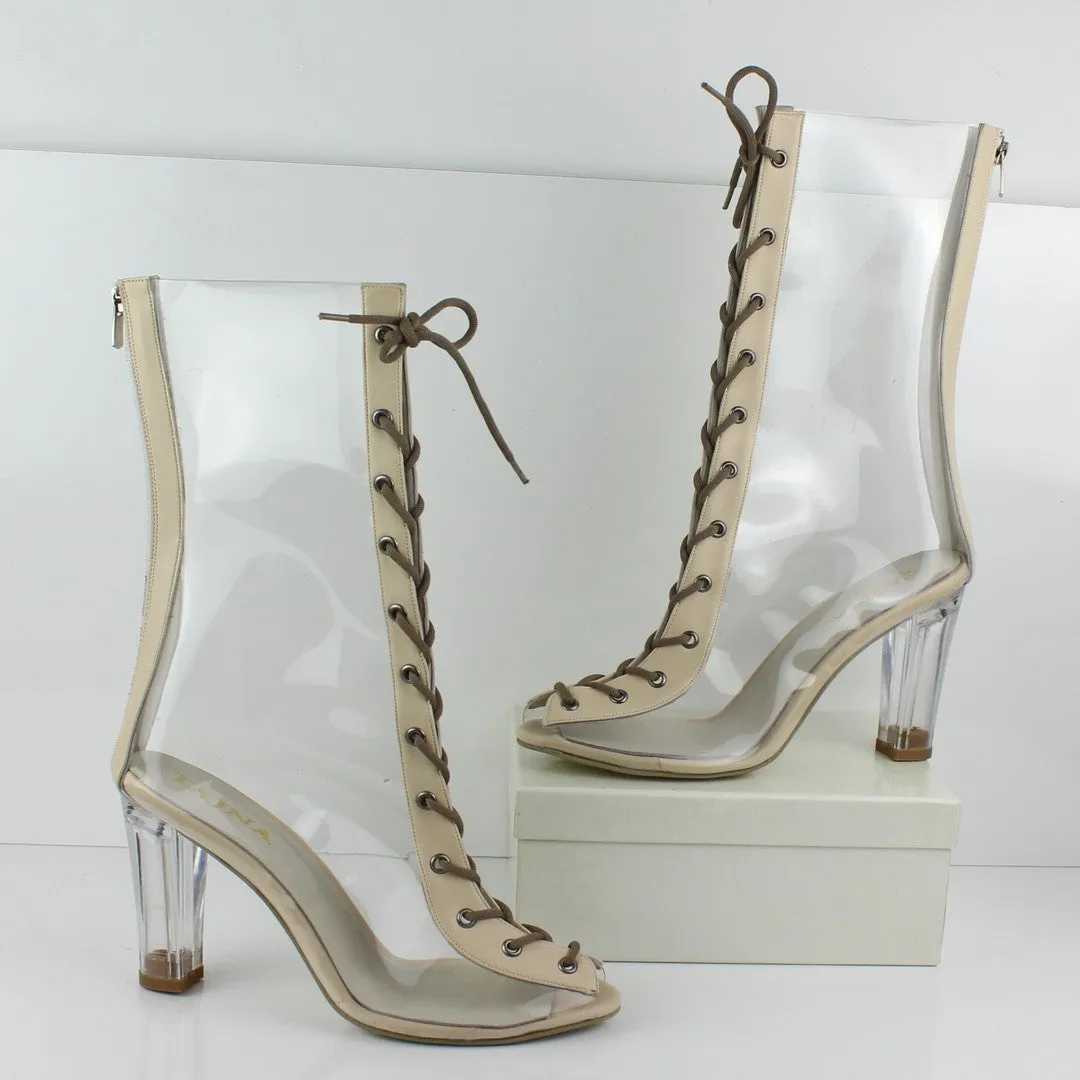 Transparent Lace Up Heel Boots