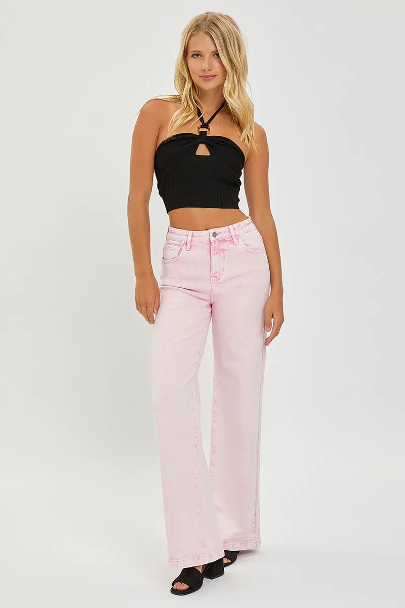 Turning Heads High Waisted Straight Leg Acid Pink Jeans